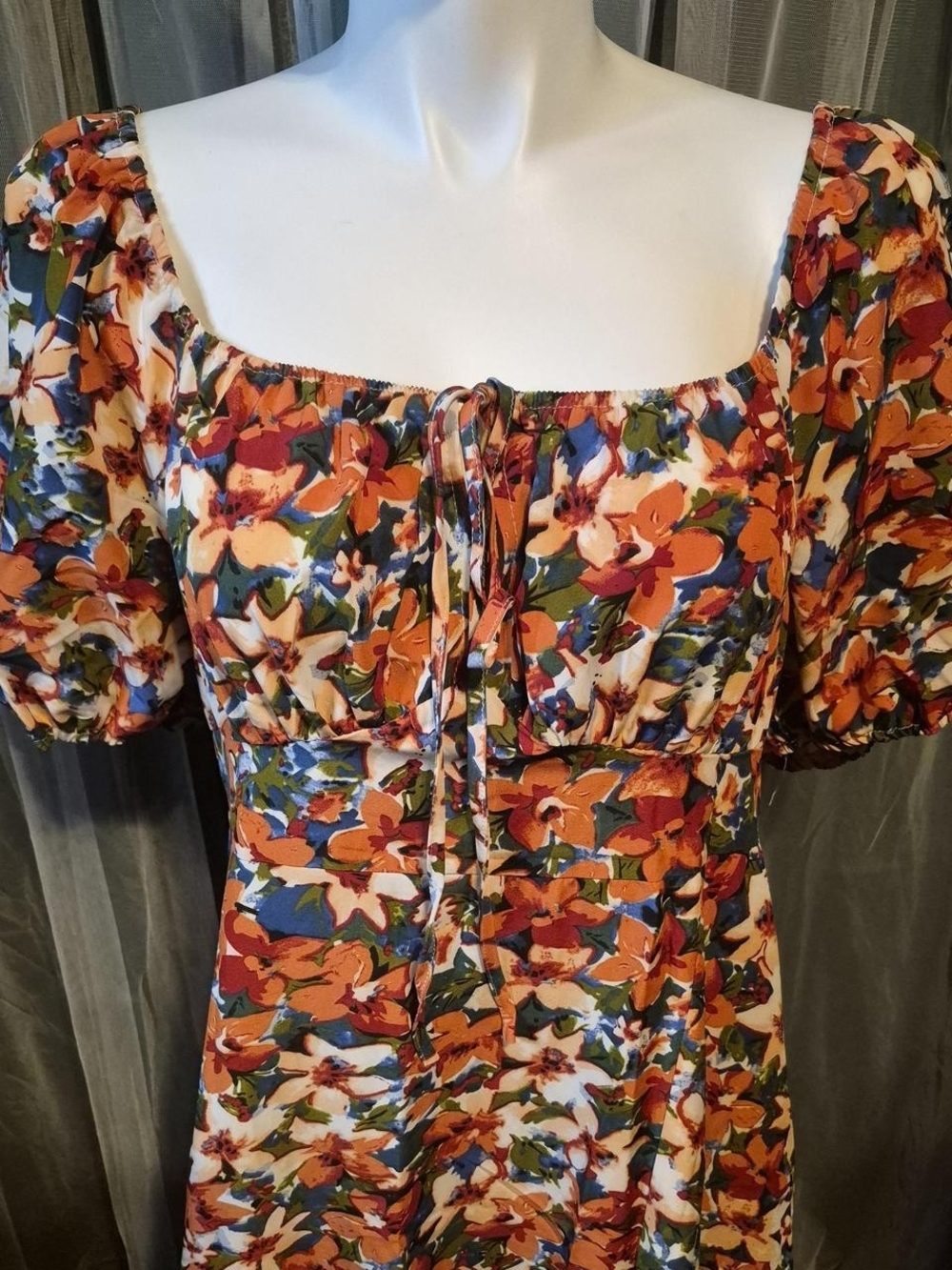 Floral Square-Neck Maxi Dress with Puff Sleeves - Orange Multi